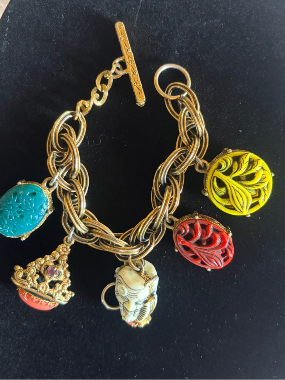 Vintage 1950s 1960s Selro Selini Asian-themed Charm Bracelet with Noh Mask Charm